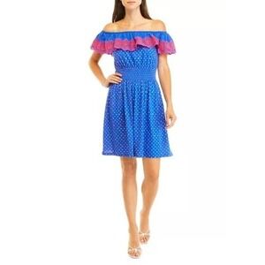 Lilly Pulitzer Kalama Off The Shoulder Lilly Dress Blue Pink Polka Dot Dress S
